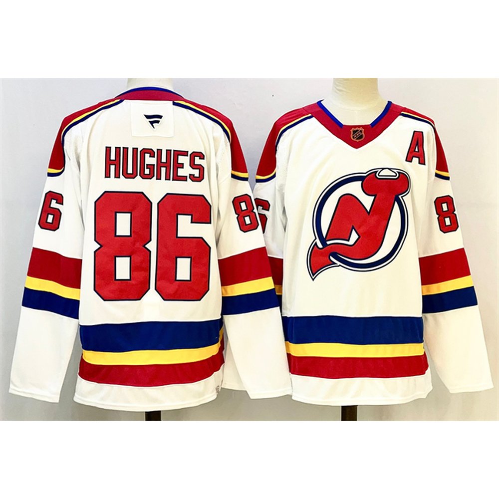 Men's New Jersey Devils #86 Jack Hughes White/Red 2024-25 With A Patch Stitched Hockey Premium Jersey