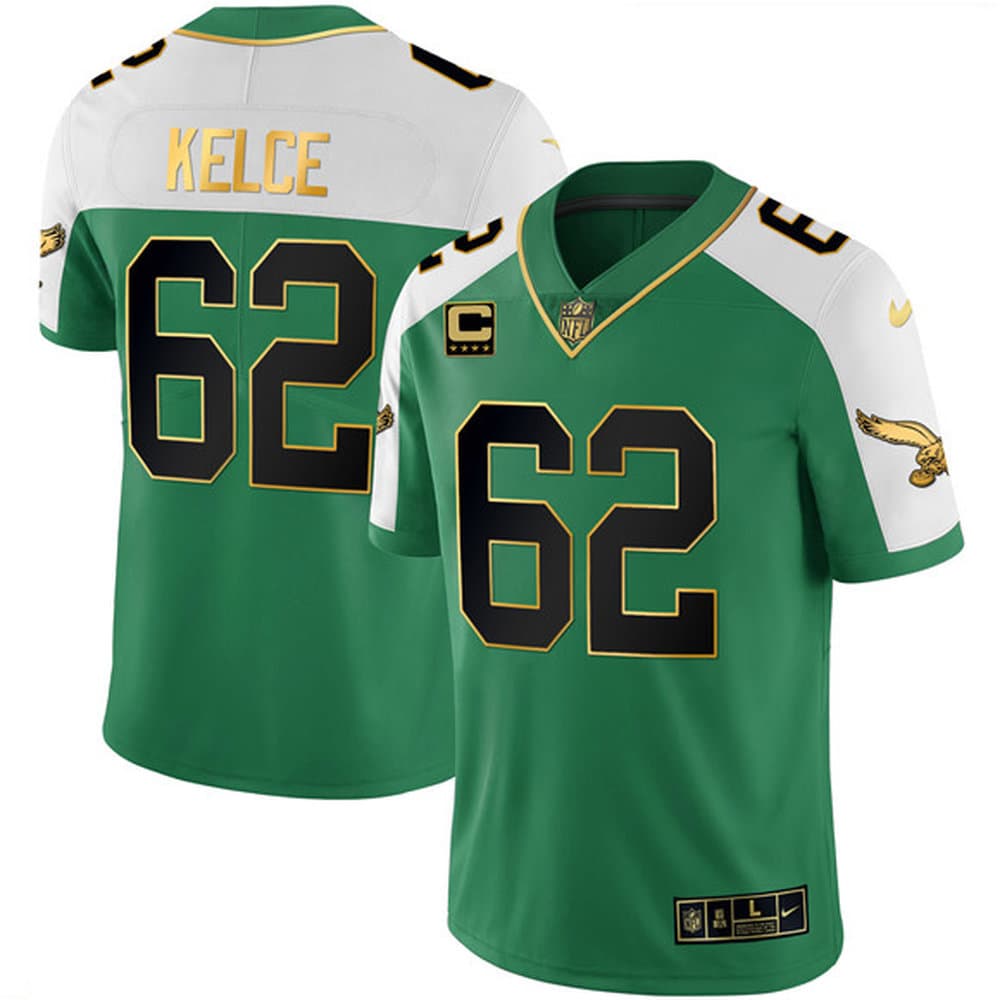 Men's Philadelphia Eagles #62 Jason Kelce Kelly Green Alternate Gold With 4-Star C Patch Vapor Limited Jersey Men's Philadelphia Eagles #62 Jason Kelce Kelly Green Alternate Gold With 4-Star C Patch Vapor Limited Jersey