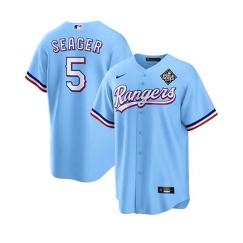 Men's Texas Rangers #5 Corey Seager Blue 2023 World Series Stitched Baseball Jersey Men's Texas Rangers #5 Corey Seager Blue 2023 World Series Stitched Baseball Jersey