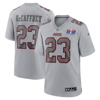 Men's San Francisco 49ers #23 Christian McCaffrey Gray Super Bowl LVIII Atmosphere Fashion Game Jersey Men's San Francisco 49ers #23 Christian McCaffrey Gray Super Bowl LVIII Atmosphere Fashion Game Jersey