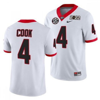 Men's Georgia Bulldogs #4 James Cook 2022 Patch White College Football Stitched Jersey Men's Georgia Bulldogs #4 James Cook 2022 Patch White College Football Stitched Jersey