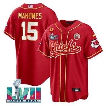 Men's Kansas City Chiefs #15 Patrick Mahomes Red With 4-star C Patch And Super Bowl LVII Patch Cool Bae Stitched Baseball Jersey Men's Kansas City Chiefs #15 Patrick Mahomes Red With 4-star C Patch And Super Bowl LVII Patch Cool Bae Stitched Baseball Jersey