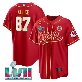 Men's Kansas City Chiefs #87 Travis Kelce Red With 4-star C Patch And Super Bowl LVII Patch Cool Bae Stitched Baseball Jersey Men's Kansas City Chiefs #87 Travis Kelce Red With 4-star C Patch And Super Bowl LVII Patch Cool Bae Stitched Baseball Jersey