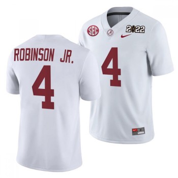 Men's Alabama Crimson Tide #4 Brian Robinson Jr. 2022 Patch White College Football Stitched Jersey Men's Alabama Crimson Tide #4 Brian Robinson Jr. 2022 Patch White College Football Stitched Jersey