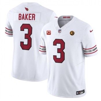 Men's Arizona Cardinals #3 Budda Baker White 2023 F.U.S.E. With 4-Star C Patch And With John Madden Patch Vapor Limited Stitched Football Jersey Men's Arizona Cardinals #3 Budda Baker White 2023 F.U.S.E. With 4-Star C Patch And With John Madden Patch Vapor Limited Stitched Football Jersey
