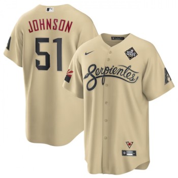 Men's Arizona Diamondbacks #51 Randy Johnson Cream 2023 World Series City Connect Cool Base Stitched Baseball Jersey