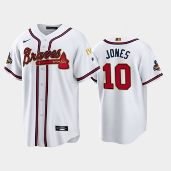 Men's Atlanta Braves #10 Chipper Jones 2022 White/Gold World Series Champions Program Cool Base Stitched Baseball Jersey Men's Atlanta Braves #10 Chipper Jones 2022 White/Gold World Series Champions Program Cool Base Stitched Baseball Jersey