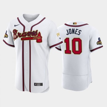 Men's Atlanta Braves #10 Chipper Jones 2022 White/Gold World Series Champions Program Flex Base Stitched Baseball Jersey Men's Atlanta Braves #10 Chipper Jones 2022 White/Gold World Series Champions Program Flex Base Stitched Baseball Jersey