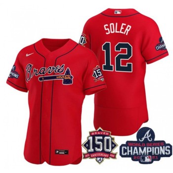 Men's Atlanta Braves #12 Jorge Soler 2021 Red World Series Champions With 150th Anniversary Flex Base Stitched Jersey Men's Atlanta Braves #12 Jorge Soler 2021 Red World Series Champions With 150th Anniversary Flex Base Stitched Jersey
