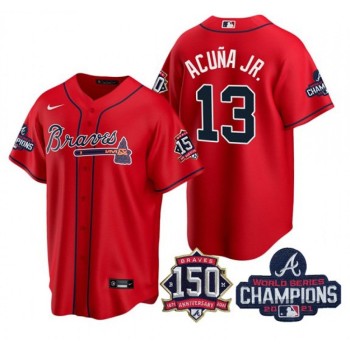 Men's Atlanta Braves #13 Ronald Acuna Jr. 2021 Red World Series Champions With 150th Anniversary Patch Cool Base Stitched Jersey Men's Atlanta Braves #13 Ronald Acuna Jr. 2021 Red World Series Champions With 150th Anniversary Patch Cool Base Stitched Jersey