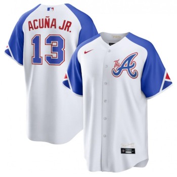 Men's Atlanta Braves #13 Ronald Acuna Jr. White 2023 City Connect Cool Base Stitched Baseball Jersey Men's Atlanta Braves #13 Ronald Acuna Jr. White 2023 City Connect Cool Base Stitched Baseball Jersey