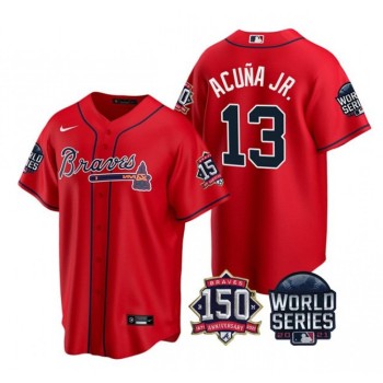 Men's Atlanta Braves #13 Ronald Acuna Jr. 2021 Red World Series With 150th Anniversary Patch Cool Base Stitched Jersey Men's Atlanta Braves #13 Ronald Acuna Jr. 2021 Red World Series With 150th Anniversary Patch Cool Base Stitched Jersey