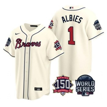 Men's Atlanta Braves #1 Ozzie Albies 2021 Cream World Series With 150th Anniversary Patch Cool Base Stitched Jersey Men's Atlanta Braves #1 Ozzie Albies 2021 Cream World Series With 150th Anniversary Patch Cool Base Stitched Jersey