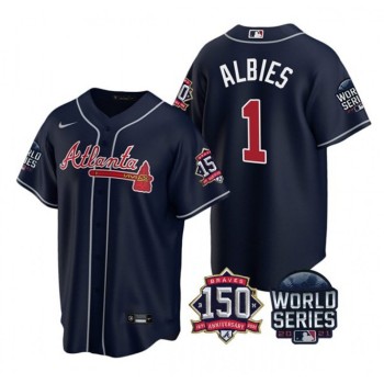 Men's Atlanta Braves #1 Ozzie Albies 2021 Navy World Series With 150th Anniversary Patch Cool Base Stitched Jersey