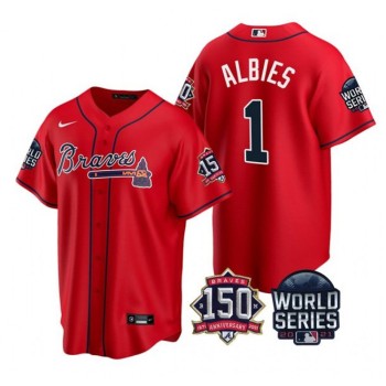 Men's Atlanta Braves #1 Ozzie Albies 2021 Red World Series With 150th Anniversary Patch Cool Base Stitched Jersey