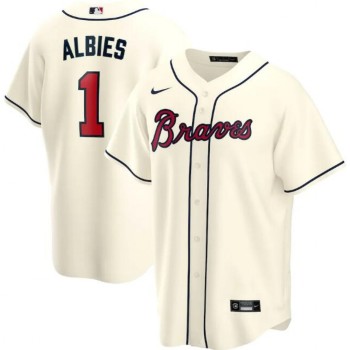 Men's Atlanta Braves #1 Ozzie Albies Cream Cool Base Stitched Jersey Men's Atlanta Braves #1 Ozzie Albies Cream Cool Base Stitched Jersey