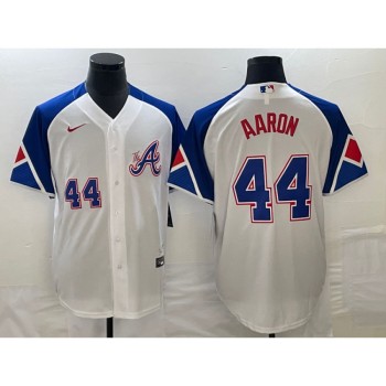 Men's Atlanta Braves #44 Hank Aaron White 2023 City Connect Cool Base With Patch Stitched Baseball Jersey
