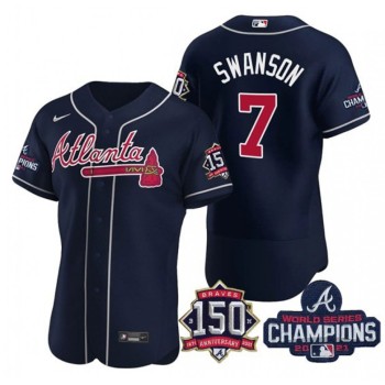 Men's Atlanta Braves #7 Dansby Swanson 2021 Navy World Series Champions With 150th Anniversary Flex Base Stitched Jersey
