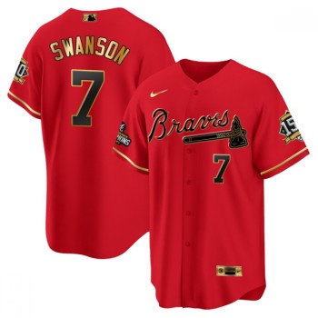 Men's Atlanta Braves #7 Dansby Swanson 2021 Red/Gold World Series Champions With 150th Anniversary Patch Cool Base Stitched Jersey Men's Atlanta Braves #7 Dansby Swanson 2021 Red/Gold World Series Champions With 150th Anniversary Patch Cool Base Stitched Jersey