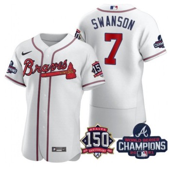 Men's Atlanta Braves #7 Dansby Swanson 2021 White World Series Champions With 150th Anniversary Flex Base Stitched Jersey Men's Atlanta Braves #7 Dansby Swanson 2021 White World Series Champions With 150th Anniversary Flex Base Stitched Jersey