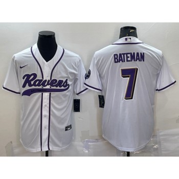 Men's Baltimore Ravens #7 Rashod Bateman White With Patch Cool Base Stitched Baseball Jersey Men's Baltimore Ravens #7 Rashod Bateman White With Patch Cool Base Stitched Baseball Jersey