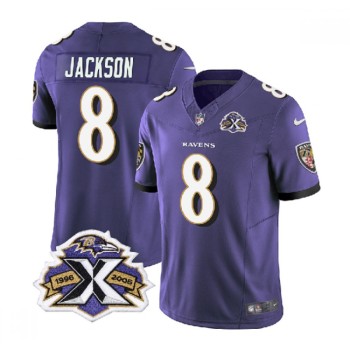 Men's Baltimore Ravens #8 Lamar Jackson Purple 2023 F.U.S.E With Patch Throwback Vapor Limited Jersey