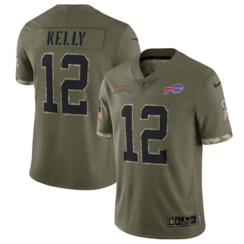 Men's Buffalo Bills #12 Jim Kelly Olive 2022 Salute To Service Limited Stitched Jersey Men's Buffalo Bills #12 Jim Kelly Olive 2022 Salute To Service Limited Stitched Jersey