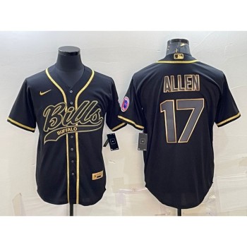 Men's Buffalo Bills #17 Josh Allen Black Gold Edition With Patch Cool Base Stitched Baseball Jersey Men's Buffalo Bills #17 Josh Allen Black Gold Edition With Patch Cool Base Stitched Baseball Jersey
