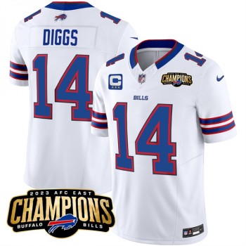 Men's Buffalo Bills #14 Stefon Diggs White 2023 F.U.S.E. AFC East Champions With 3-star C Ptach Stitched Football Jersey Men's Buffalo Bills #14 Stefon Diggs White 2023 F.U.S.E. AFC East Champions With 3-star C Ptach Stitched Football Jersey