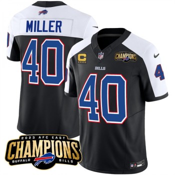 Men's Buffalo Bills #40 Von Miller Black/White 2023 F.U.S.E. AFC East Champions With 4-star C Ptach Stitched Football Jersey Men's Buffalo Bills #40 Von Miller Black/White 2023 F.U.S.E. AFC East Champions With 4-star C Ptach Stitched Football Jersey
