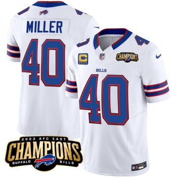 Men's Buffalo Bills #40 Von Miller White 2023 F.U.S.E. AFC East Champions With 4-star C Ptach Stitched Football Jersey Men's Buffalo Bills #40 Von Miller White 2023 F.U.S.E. AFC East Champions With 4-star C Ptach Stitched Football Jersey
