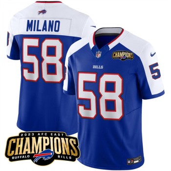 Men's Buffalo Bills #58 Matt Milano Blue/White 2023 F.U.S.E. AFC East Champions Ptach Stitched Football Jersey Men's Buffalo Bills #58 Matt Milano Blue/White 2023 F.U.S.E. AFC East Champions Ptach Stitched Football Jersey