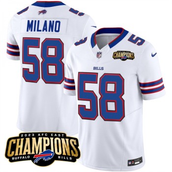 Men's Buffalo Bills #58 Matt Milano White 2023 F.U.S.E. AFC East Champions Ptach Stitched Football Jersey Men's Buffalo Bills #58 Matt Milano White 2023 F.U.S.E. AFC East Champions Ptach Stitched Football Jersey