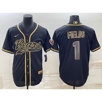 Men's Chicago Bears #1 Justin Fields Black Gold With Patch Cool Base Stitched Baseball Jersey