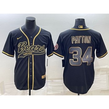 Men's Chicago Bears #34 Walter Payton Black Gold With Patch Cool Base Stitched Baseball Jersey