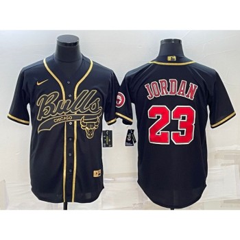 Men's Chicago Bulls #23 Michael Jordan Black Gold With Patch Cool Base Stitched Baseball Jersey Men's Chicago Bulls #23 Michael Jordan Black Gold With Patch Cool Base Stitched Baseball Jersey