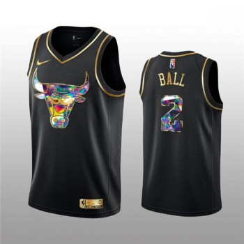 Men's Chicago Bulls #2 Lonzo Ball 2021/22 Black Golden Edition 75th Anniversary Diamond Logo Stitched Basketball Jersey Men's Chicago Bulls #2 Lonzo Ball 2021/22 Black Golden Edition 75th Anniversary Diamond Logo Stitched Basketball Jersey