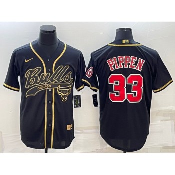 Men's Chicago Bulls #33 Scottie Pippen Black Gold With Patch Cool Base Stitched Baseball Jersey Men's Chicago Bulls #33 Scottie Pippen Black Gold With Patch Cool Base Stitched Baseball Jersey