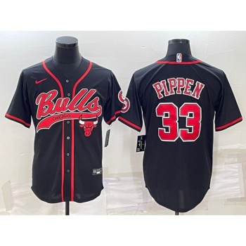 Men's Chicago Bulls #33 Scottie Pippen Black With Patch Cool Base Stitched Baseball Jersey Men's Chicago Bulls #33 Scottie Pippen Black With Patch Cool Base Stitched Baseball Jersey