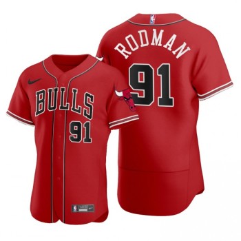 Men's Chicago Bulls #91 Dennis Rodman 2020 Red NBA X MLB Crossover Edition Stitched Jersey Men's Chicago Bulls #91 Dennis Rodman 2020 Red NBA X MLB Crossover Edition Stitched Jersey