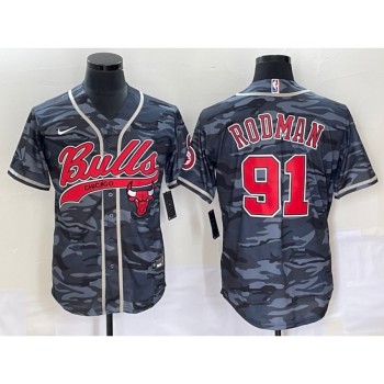 Men's Chicago Bulls #91 Dennis Rodman Gray Camo Cool Base Stitched Baseball Jersey Men's Chicago Bulls #91 Dennis Rodman Gray Camo Cool Base Stitched Baseball Jersey