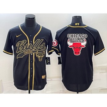Men's Chicago Bulls Black Gold Team Big Logo Cool Base Stitched Baseball Jersey Men's Chicago Bulls Black Gold Team Big Logo Cool Base Stitched Baseball Jersey