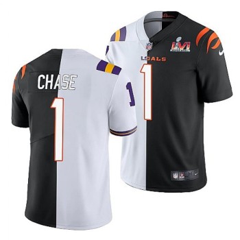 Men's Cincinnati Bengals #1 Ja'Marr Chase 2022 White/Black Split Super Bowl LVI Stitched Jersey Men's Cincinnati Bengals #1 Ja'Marr Chase 2022 White/Black Split Super Bowl LVI Stitched Jersey
