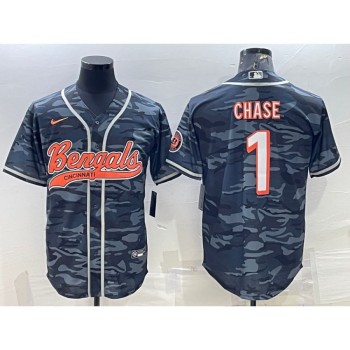 Men's Cincinnati Bengals #1 Ja'Marr Chase Grey Camo With Patch Cool Base Stitched Baseball Jersey Men's Cincinnati Bengals #1 Ja'Marr Chase Grey Camo With Patch Cool Base Stitched Baseball Jersey