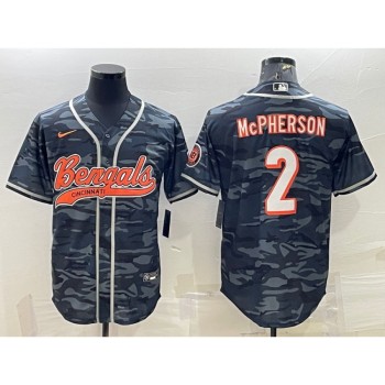 Men's Cincinnati Bengals #2 Evan McPherson Grey Camo With Patch Cool Base Stitched Baseball Jersey Men's Cincinnati Bengals #2 Evan McPherson Grey Camo With Patch Cool Base Stitched Baseball Jersey