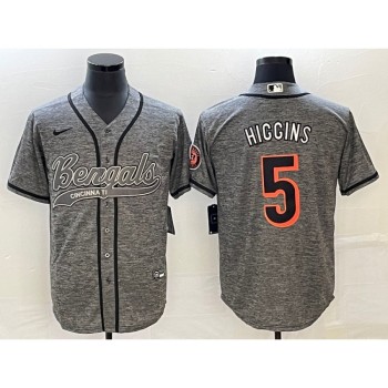 Men's Cincinnati Bengals #5 Tee Higgins Grey With Patch Cool Base Stitched Baseball Jersey Men's Cincinnati Bengals #5 Tee Higgins Grey With Patch Cool Base Stitched Baseball Jersey