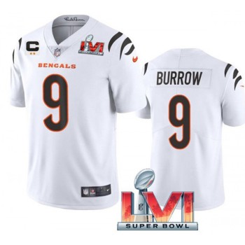 Men's Cincinnati Bengals #9 Joe Burrow 2022 White With C Patch Super Bowl LVI Vapor Limited Stitched Jersey Men's Cincinnati Bengals #9 Joe Burrow 2022 White With C Patch Super Bowl LVI Vapor Limited Stitched Jersey