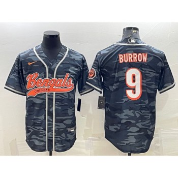 Men's Cincinnati Bengals #9 Joe Burrow Grey Camo With Patch Cool Base Stitched Baseball Jersey Men's Cincinnati Bengals #9 Joe Burrow Grey Camo With Patch Cool Base Stitched Baseball Jersey
