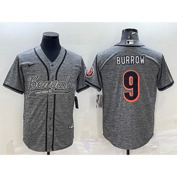 Men's Cincinnati Bengals #9 Joe Burrow Grey With Patch Cool Base Stitched Baseball Jersey Men's Cincinnati Bengals #9 Joe Burrow Grey With Patch Cool Base Stitched Baseball Jersey