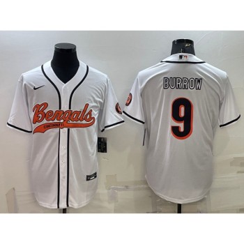 Men's Cincinnati Bengals #9 Joe Burrow White With Patch Cool Base Stitched Baseball Jersey Men's Cincinnati Bengals #9 Joe Burrow White With Patch Cool Base Stitched Baseball Jersey